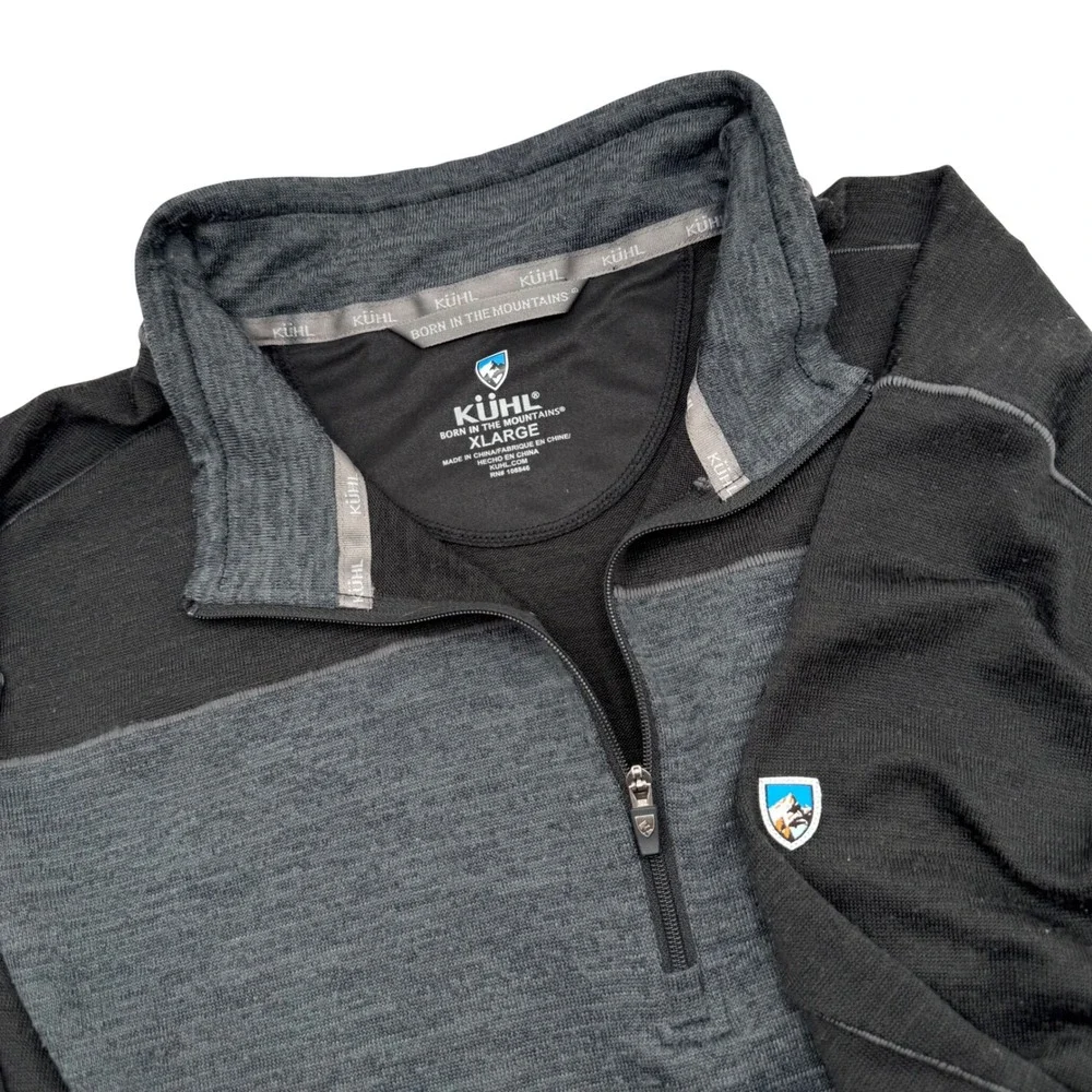 Kuhl Men's XL Quarter Zip Pullover Black Grey Colorblock Thumbhole Hiking Top - Picture 1 of 6